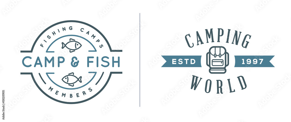 Set of Vector Camping Camp Elements With Fictitious Names and Outdoor ...
