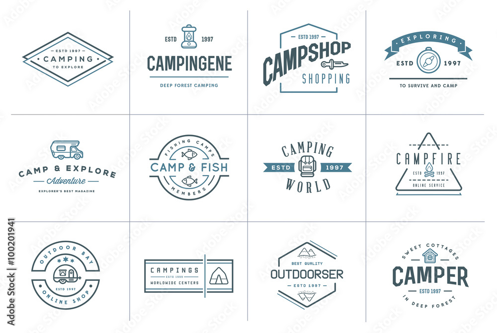 Set of Vector Camping Camp Elements With Fictitious Names and Outdoor Activity Icons Illustration can be used as Logo or Icon in premium quality Set of Vector Camping Camp Elements With Fictitious Names and Outdoor Activity Icons Illustration can be used as Logo or Icon in premium quality