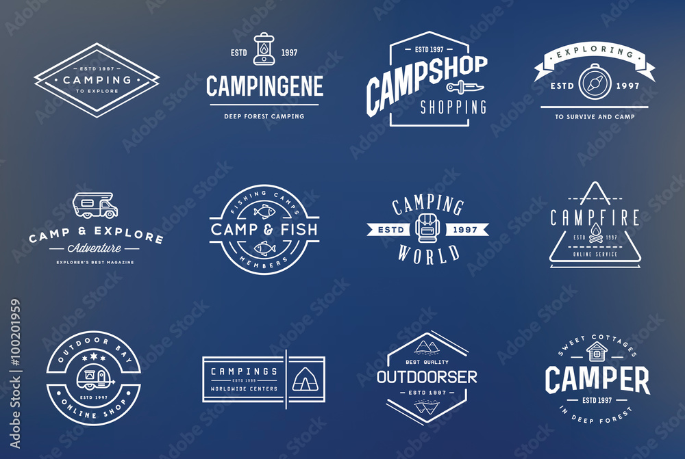 Fototapeta premium Set of Vector Camping Camp Elements With Fictitious Names and Outdoor Activity Icons Illustration can be used as Logo or Icon in premium quality