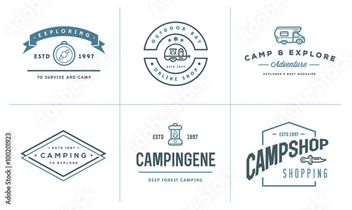 Set of Vector Camping Camp Elements With Fictitious Names and Outdoor Activity Icons Illustration can be used as Logo or Icon in premium quality