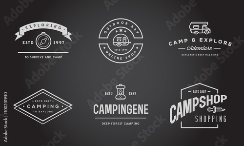 Set of Vector Camping Camp Elements With Fictitious Names and Outdoor Activity Icons Illustration can be used as Logo or Icon in premium quality
