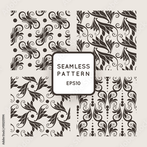 Set of vector seamless pattern with floral motifs, twisted vines. Vintage. Baroque, Rococo.