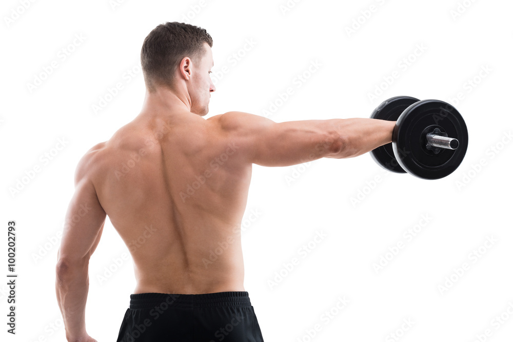 Rear View Of Strong Man Lifting Dumbbell