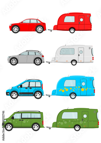 Fototapeta Naklejka Na Ścianę i Meble -  Set of cartoon cars with a caravan on a white background. Vector