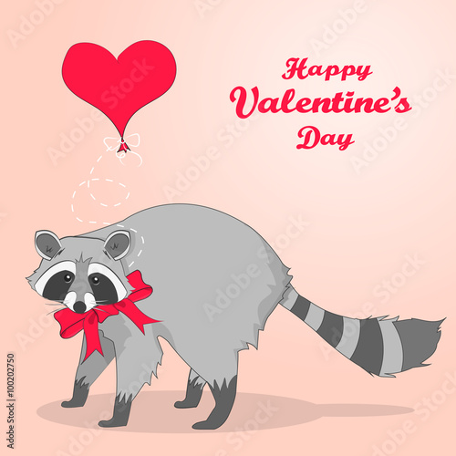 Cute Valentines Day card with cartoon charachter racoon and heart shaped baloon