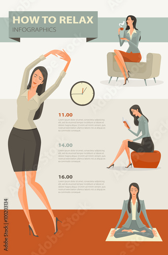 Character cartoon set of businesswoman, Coffee break and relaxing office life. Vector Illustration simple character with flat design.
