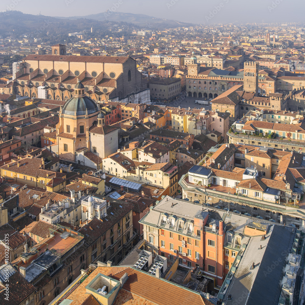 aerial view to cathedral and mail square in Bologna in Italy