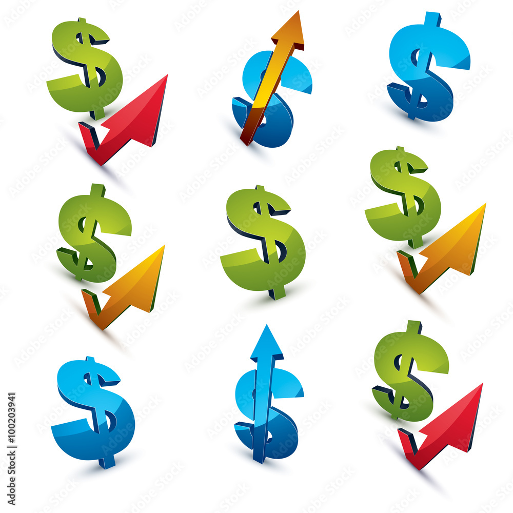 Set of 3d vector green dollar signs with different arrows. Set of 3d vector green dollar signs with different arrows.