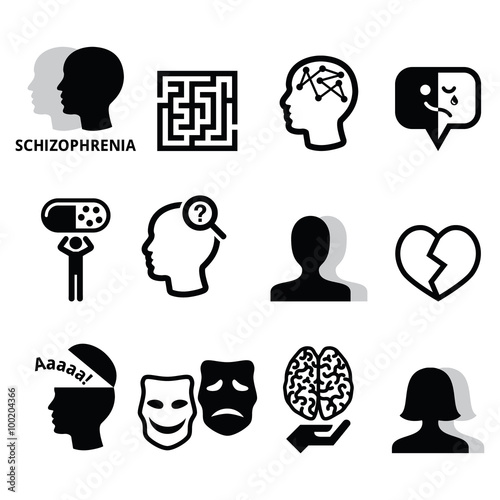 Schizophrenia, mental health, psychology vector icons set  