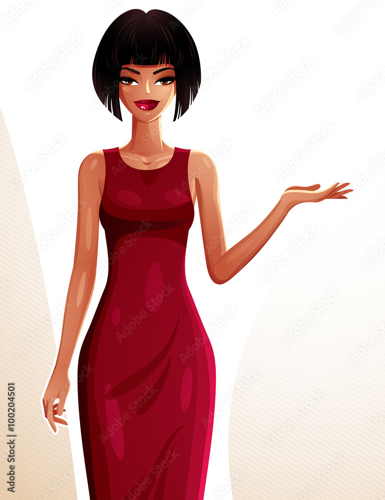 Attractive dark skin standing girl showing at empty copy space Attractive dark skin standing girl showing at empty copy space