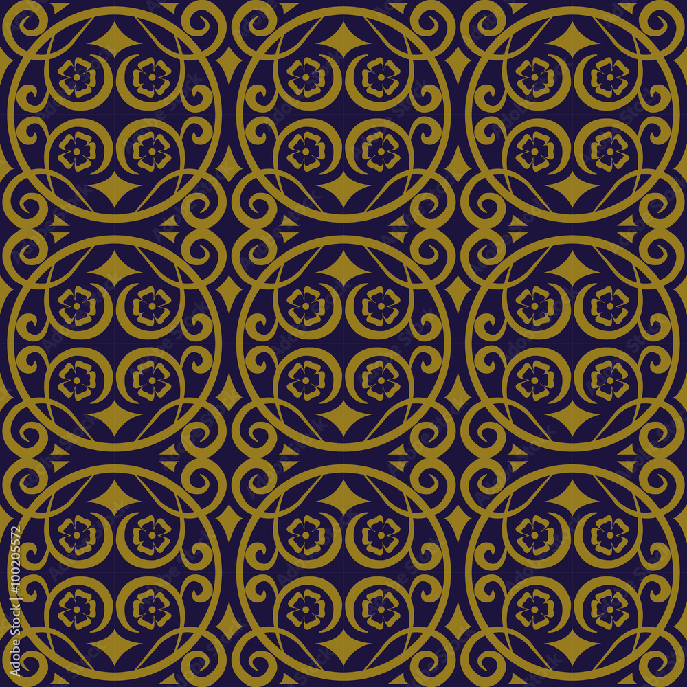 Elegant antique background image of round spiral flower vine pattern.
