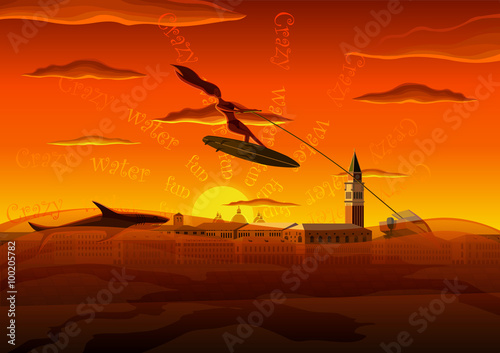 Crazy water fun. Desperate surfer rides on a surfboard near the Piazza San Marc, and her being chased by the shark. Sunset 