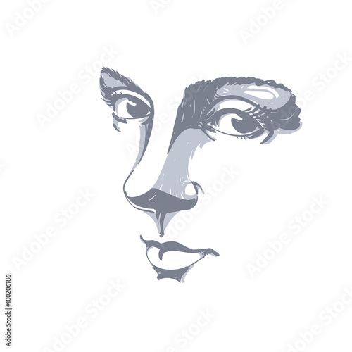 Monochrome hand-drawn silhouette of melancholic peaceful woman f