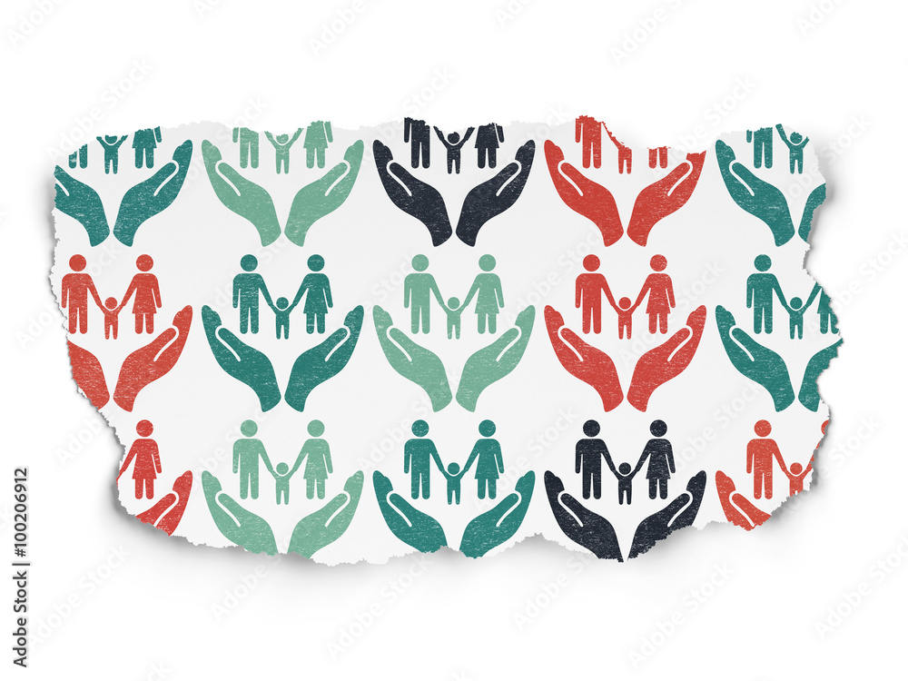 Insurance concept: Family And Palm icons on Torn Paper background