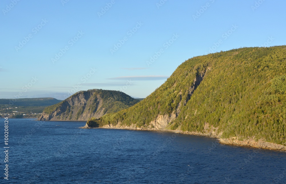view from the ocean towards the Humber Arm shoreline near the Skeleton Cove, Newfoundland Canada 