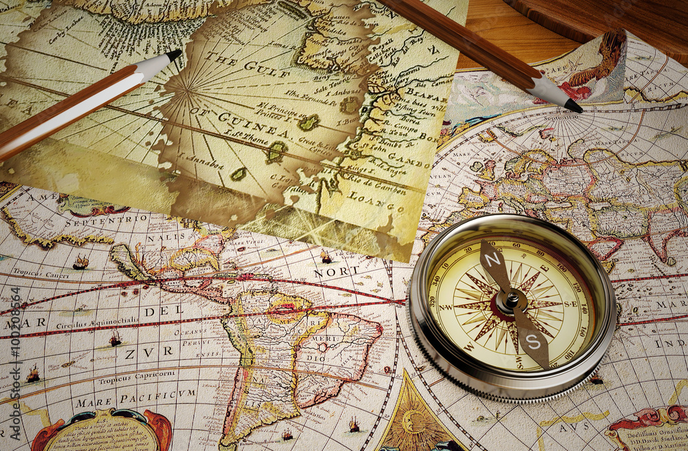 Vintage map and vintage compass