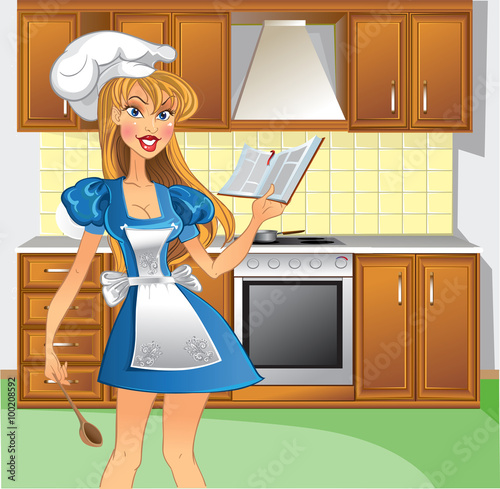 Young mistress on the light pink kitchen