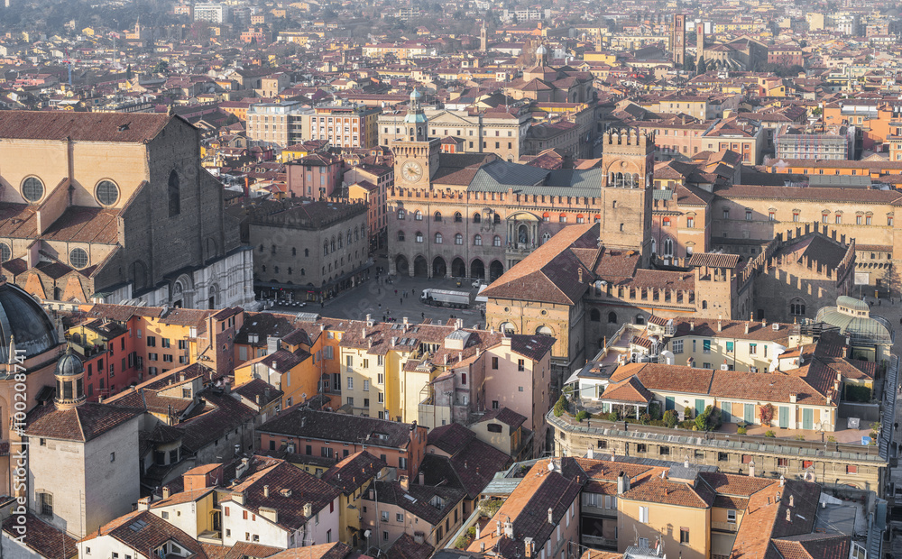 aerial view to cathedral and square  in Bologna in Italy