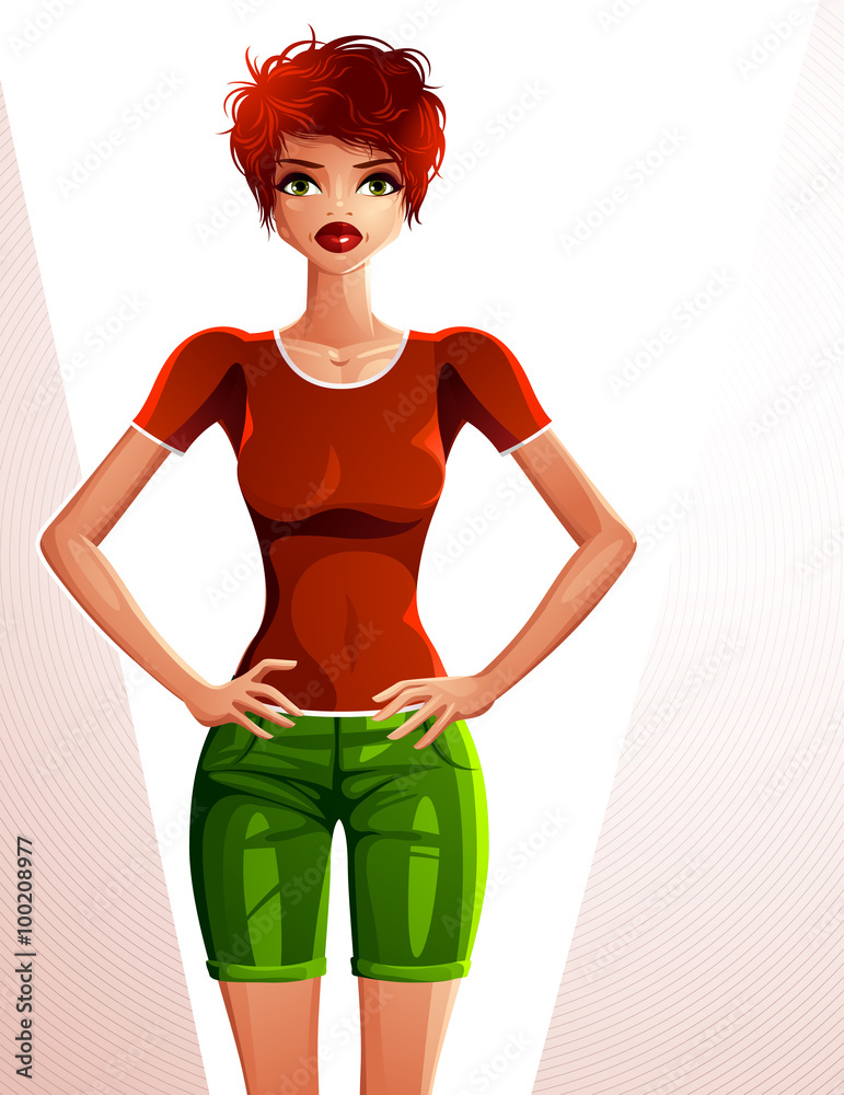 Young pretty white-skin lady with hands akimbo. Vector illustration of red-haired woman standing, full body portrait. 