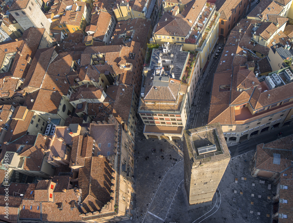 aerial view from tower to square and tower in Bologna in Italy