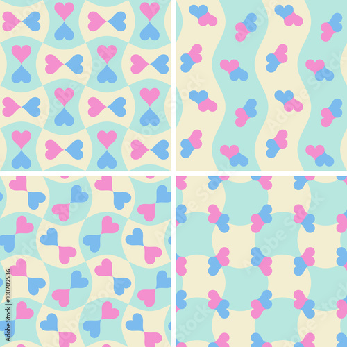 Set of seamless patterns with hearts.
Four textures with rotating pairs of blue and pink hearts on pastel yellow and green backgrounds.