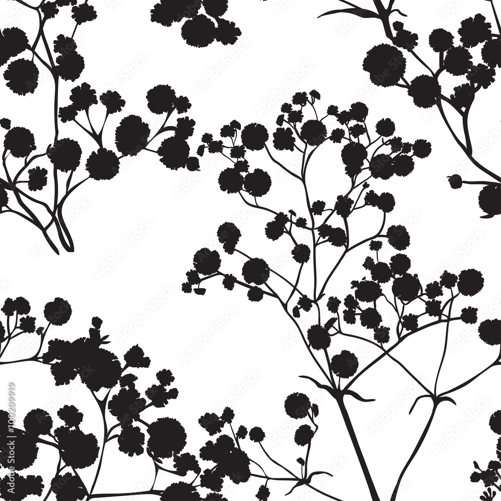 Naklejka premium Seamless background with branches of beautiful hand-drawn silhouette gypsophila