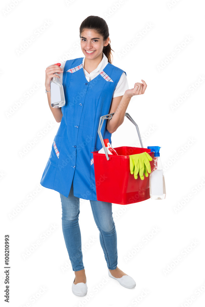 Happy Female Worker Carrying Bucket With Cleaning Equipment Happy Female Worker Carrying Bucket With Cleaning Equipment