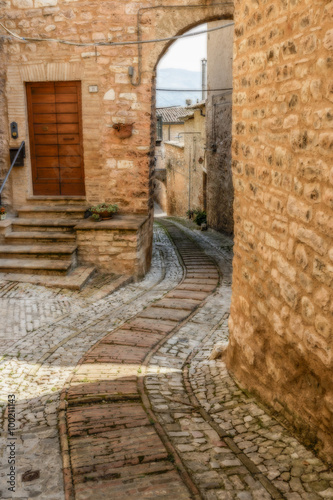 Narrow streets of the medieval village of Spello in Umbria  Italy 