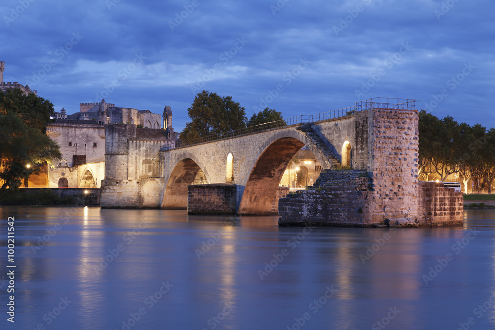 Bridge St. Benezet over Rhone River with Papal Palace, Avignon, Vaucluse, Provence, Provence-Alpes-Cote d'Azur, Southern France, France Bridge St. Benezet over Rhone River with Papal Palace, Avignon, Vaucluse, Provence, Provence-Alpes-Cote d'Azur, Southern France, France