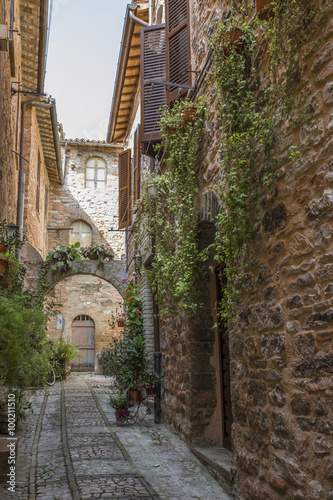 Narrow streets of the medieval village of Spello in Umbria (Italy)