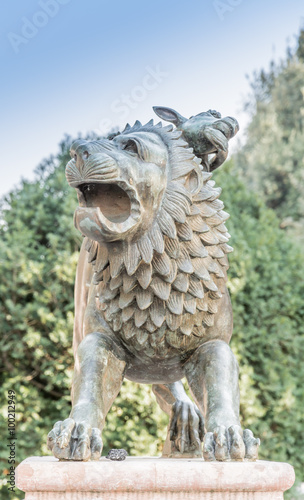 Mythological bronze monument representing the Etruscan city of Arezzo in Tuscany Italy. The monument is located at the entrance of the town in a fountain.