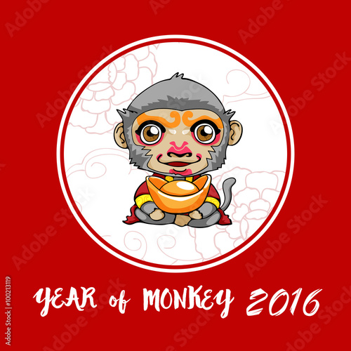 Happy Chinese new year. Cartoon monkey with gold.