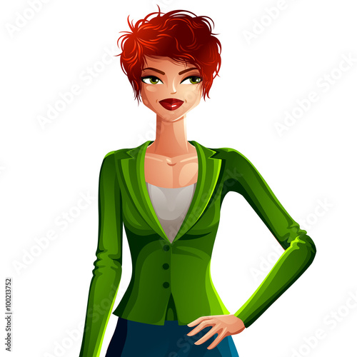 Beautiful business lady illustration, sexy slim red-hai