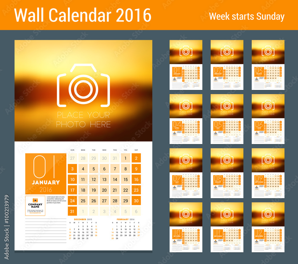 Calendar Set for 2016 Year. Vector Stationery Design Print Template. Week Starts Sunday. 12 Pages Calendar Set for 2016 Year. Vector Stationery Design Print Template. Week Starts Sunday. 12 Pages