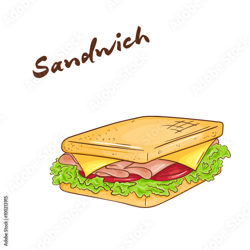 vector illustration of an isolated cartoon hand drawn fast food. Sandwich.
