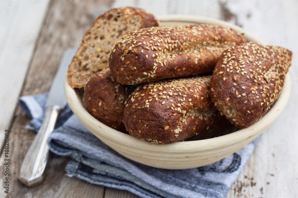 Protein bread (without flour) with linseeds, sunflower seeds and sesame seeds in wooden bowl. Selective focus. Natural light.
Protein bread (without flour) with linseeds, sunflower seeds and sesame seeds in wooden bowl. Selective focus. Natural light.