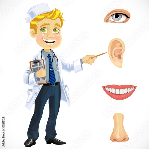 Cute blond doctor - indicating on part of the face