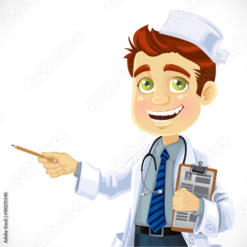Cute doctor - explains something. Portrait of men