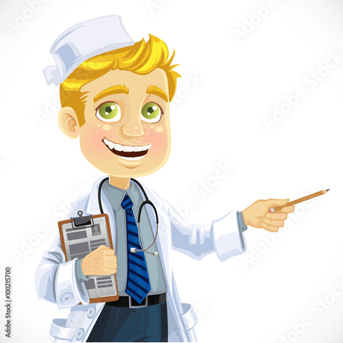 Cute blond doctor - explains something. Portrait of men