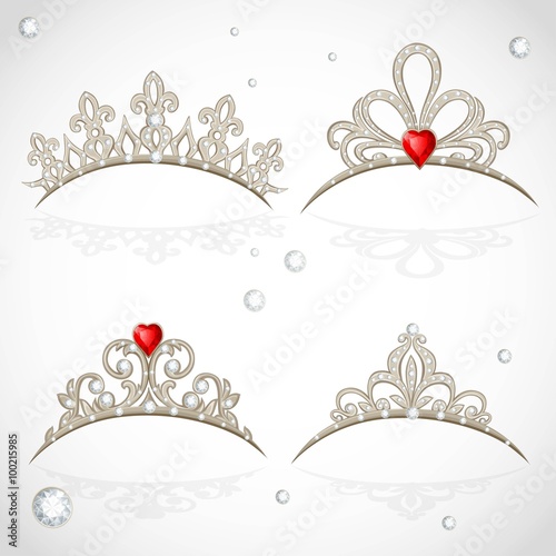 Set openwork jewelry tiaras with diamonds and faceted red stones