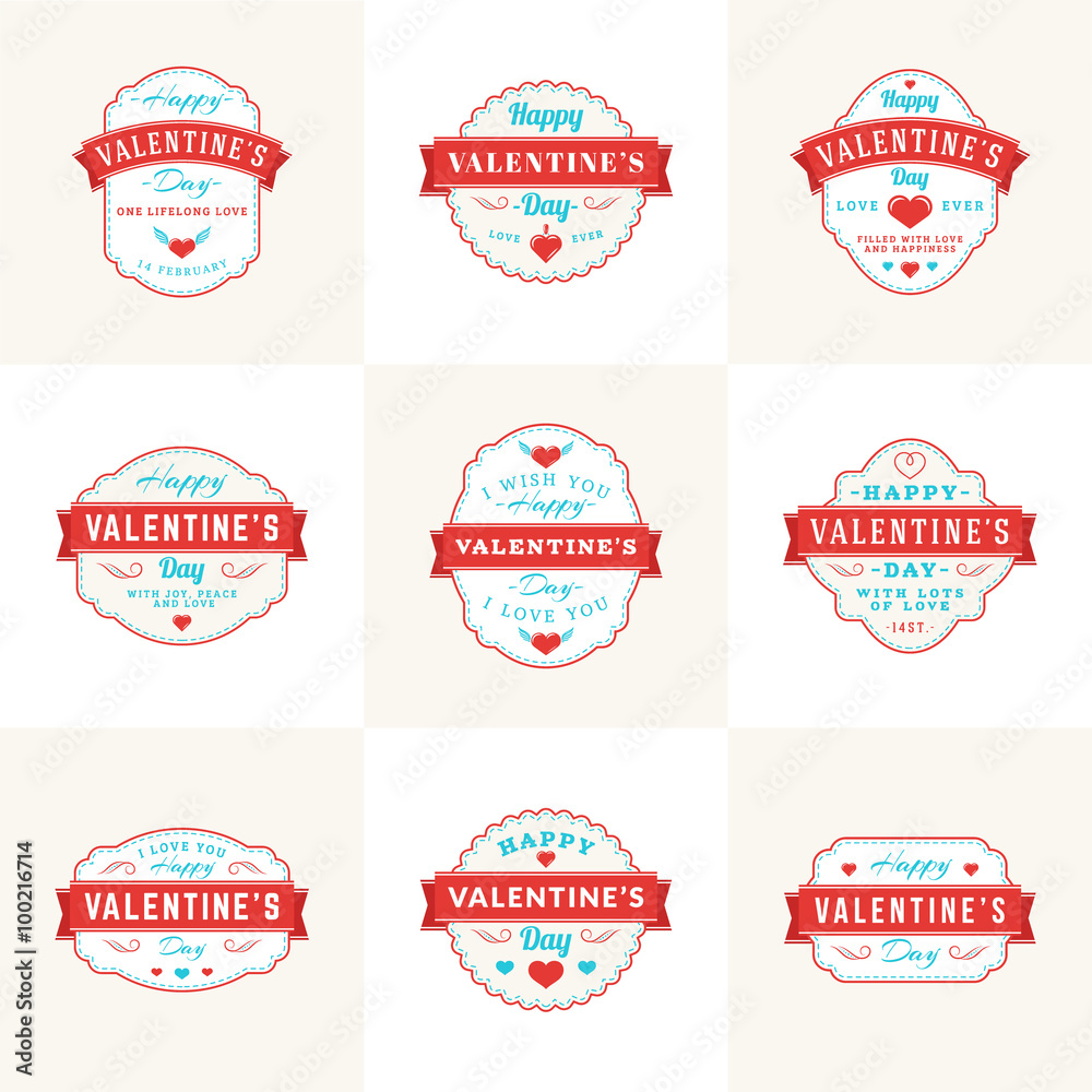 Set Of Vintage Happy Valentines Day Badges and Labels. Typography Design Template with Red and Turquoise Colors