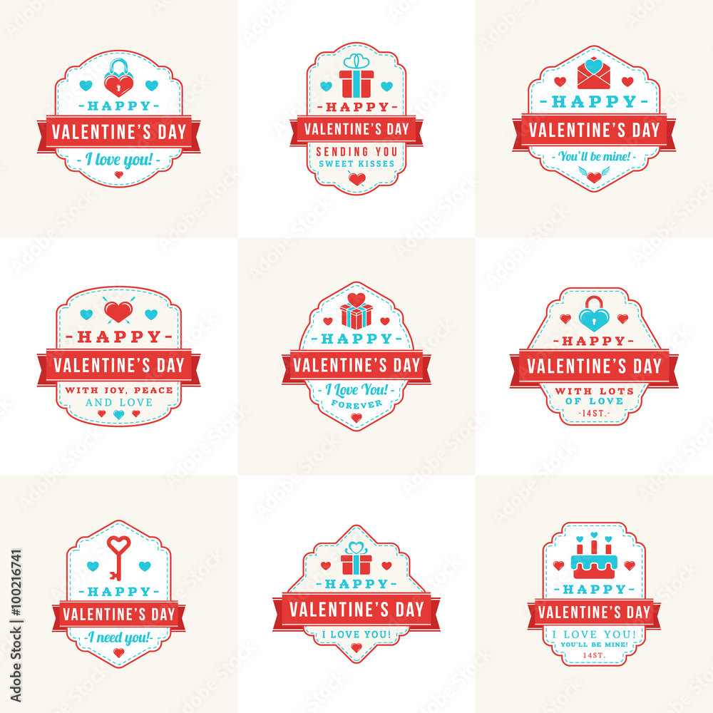 Set Of Vintage Happy Valentines Day Badges and Labels. Typography Design Template with Red and Turquoise Colors