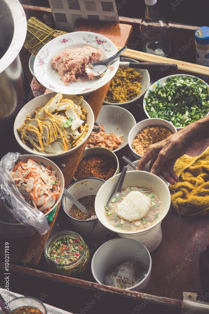 Thai food. Spicy food at Damnoen Saduak Floating Market near Ban