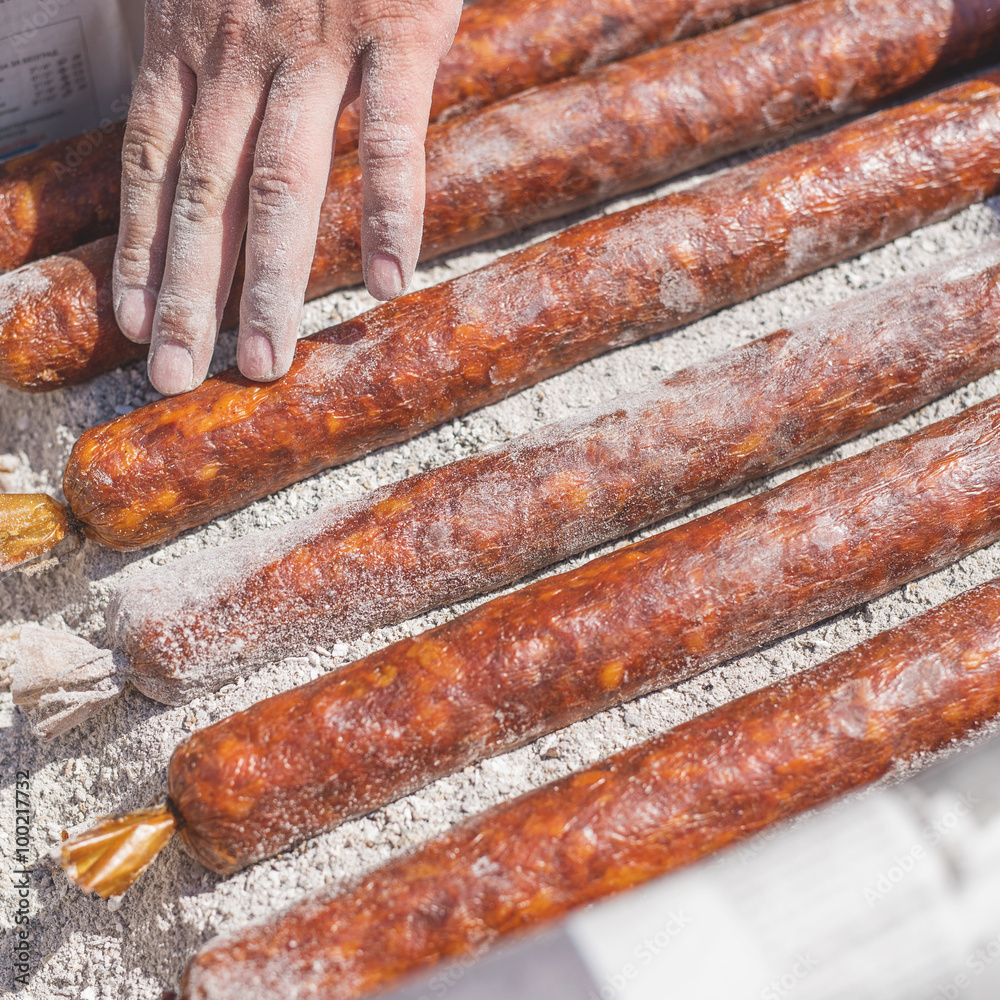 Homemade sausages conservation at ash. Shallow depth of field. Homemade sausages conservation at ash. Shallow depth of field.