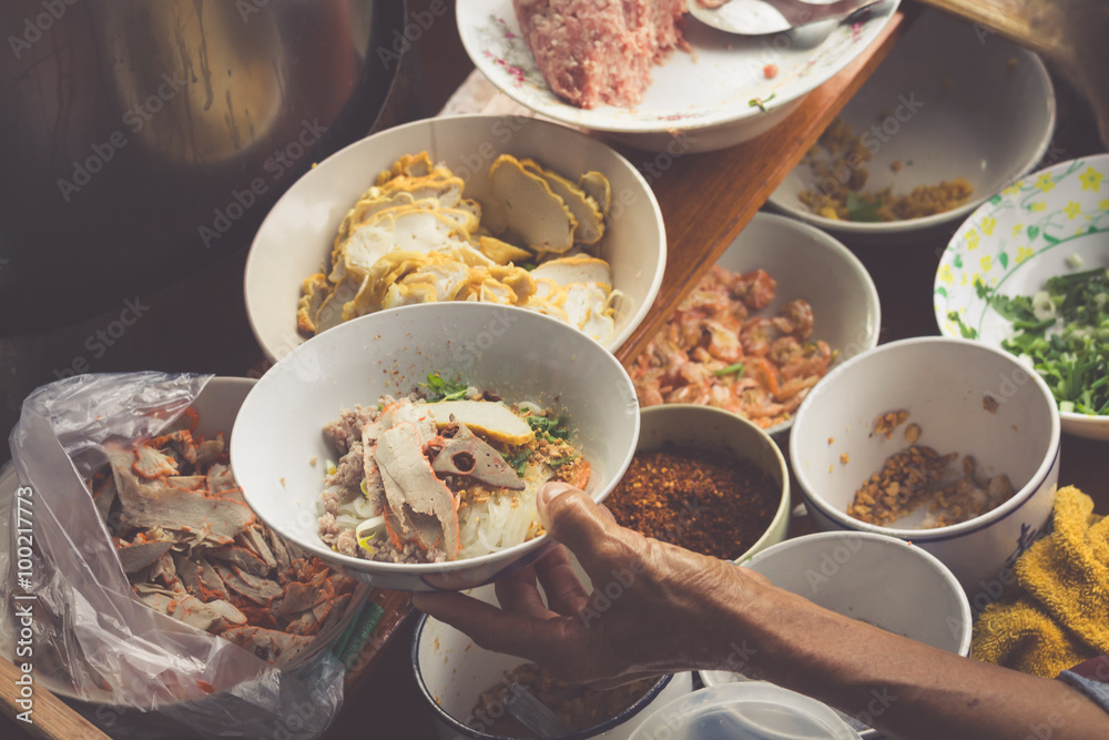 Thai food. Spicy food at Damnoen Saduak Floating Market near Ban