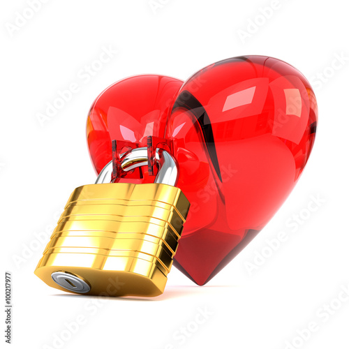 Red heart with padlock isolated on white background. 3d illustra