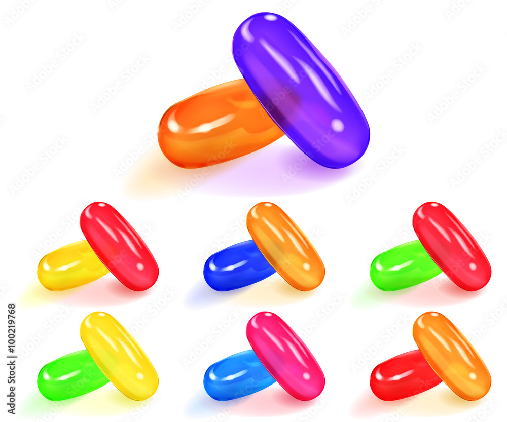 Set of multicolored capsules with shadows on white background Set of multicolored capsules with shadows on white background