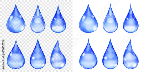 Set of transparent and opaque drops in blue colors. Transparency only in vector format. Can be used with any background