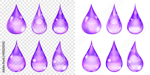 Set of transparent and opaque drops in violet colors. Transparency only in vector format. Can be used with any background