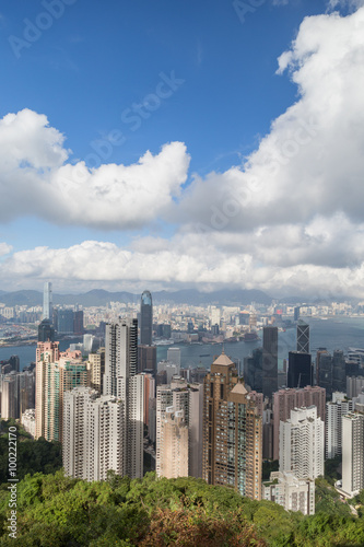 Hong Kong s skyline viewed from the Victoria Peak in daylight. Copy space.